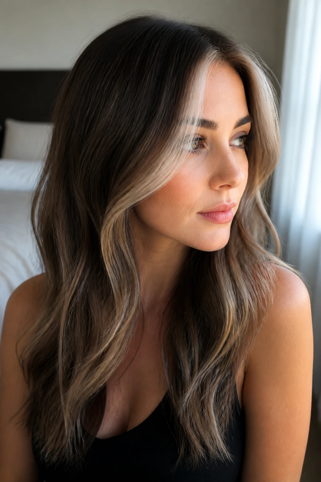 Close-up of a real woman with ash brown hair and a cool money piece framing the face