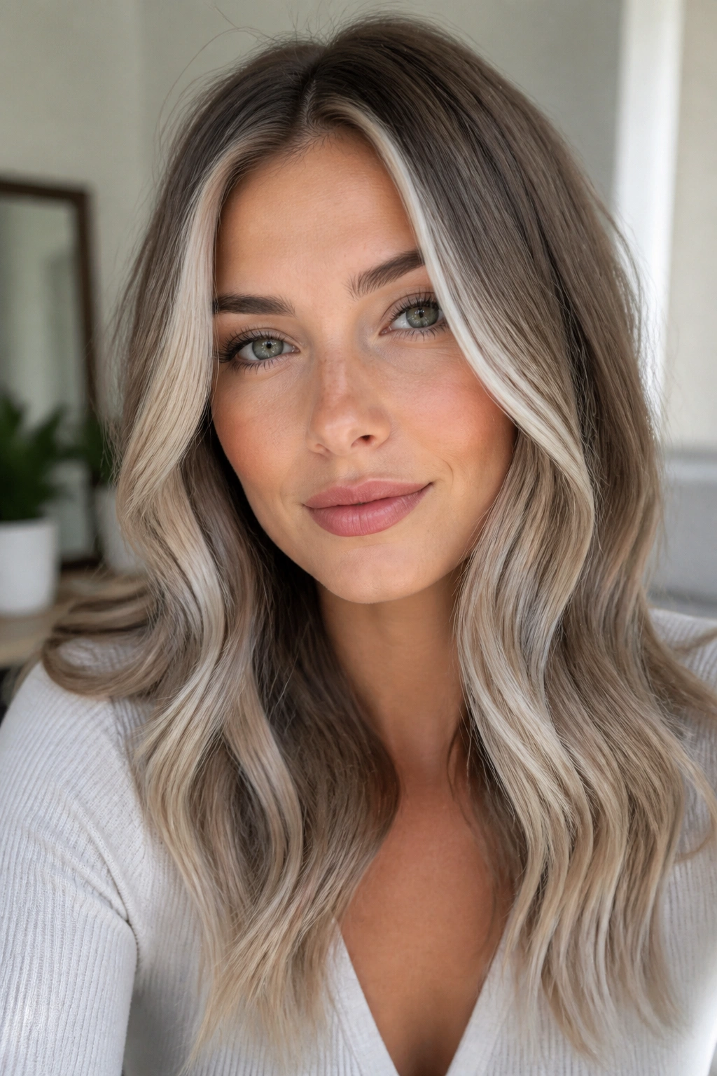 Ash brown hair with pale linen ends and bright front money piece on a real person.
