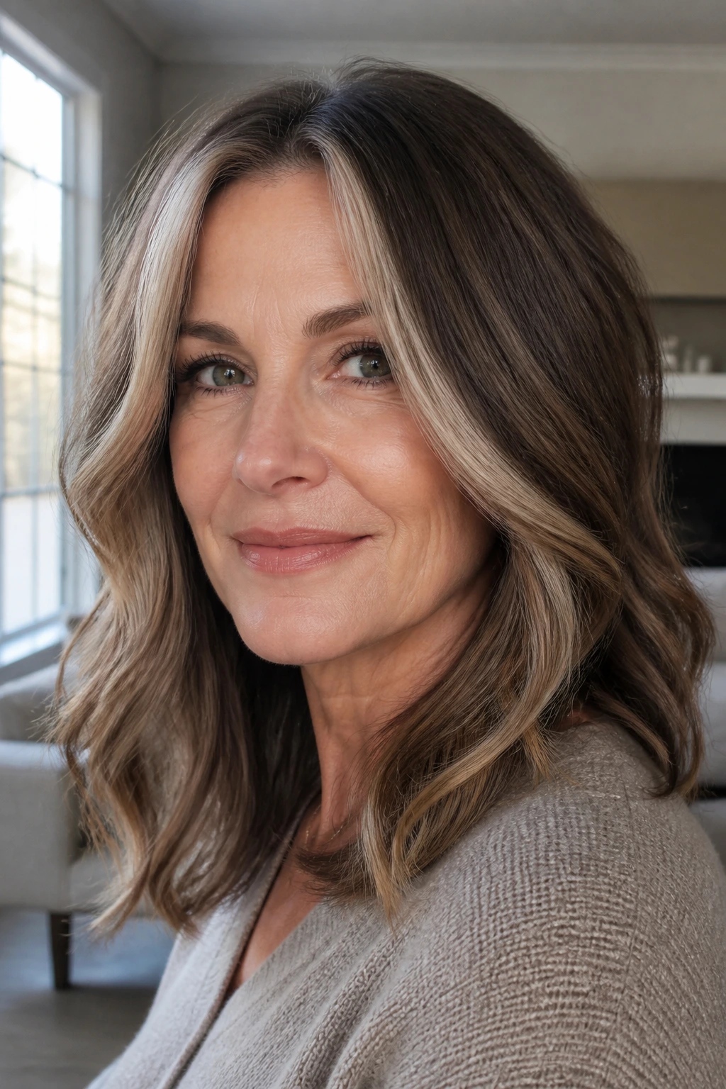 Portrait of a real woman with ash brown hair and money pieces around the face.