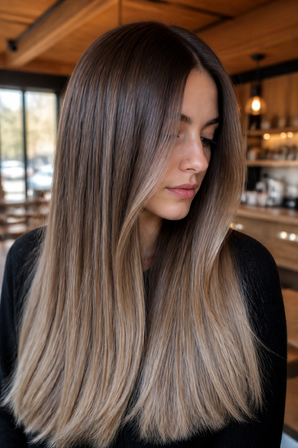 Ash brown to mushroom beige ombre on long straight hair.
