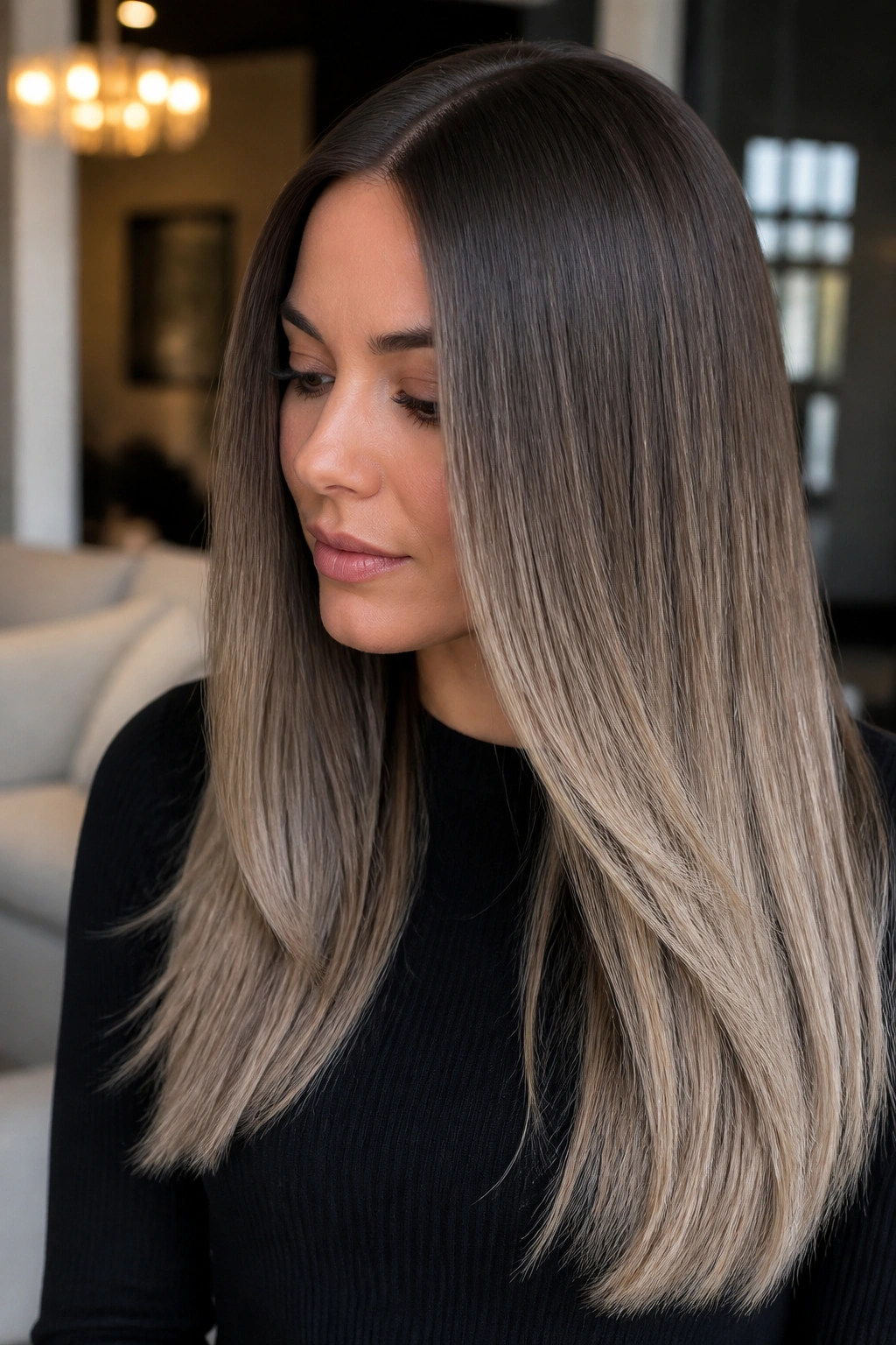 Close-up portrait of a woman with ash brown to mushroom blonde balayage in natural light