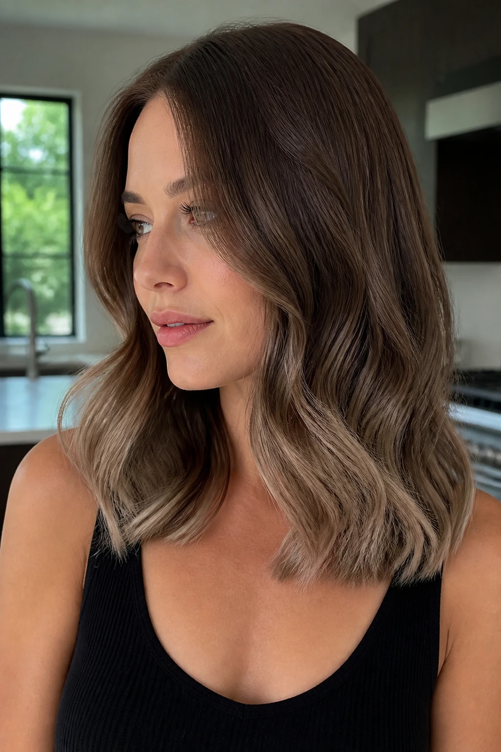 Close-up of ash brown hair with mushroom ends on a real person.