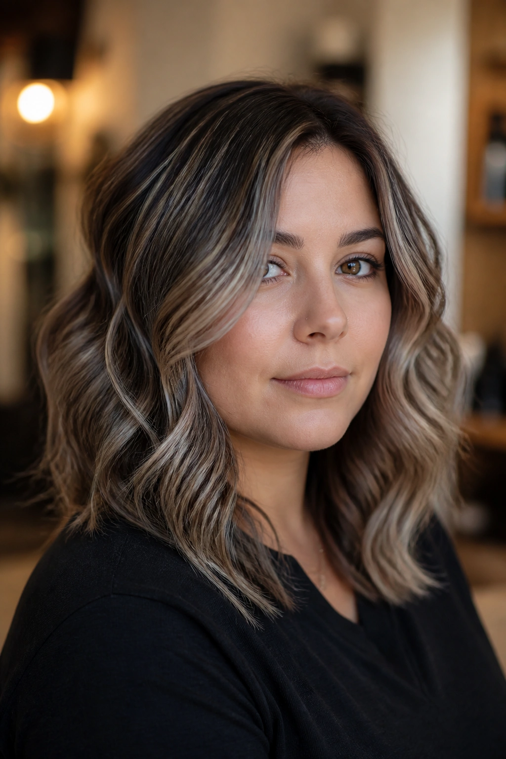 Close-up of a real woman with ash brown hair featuring mushroom lowlights and silver babylights.
