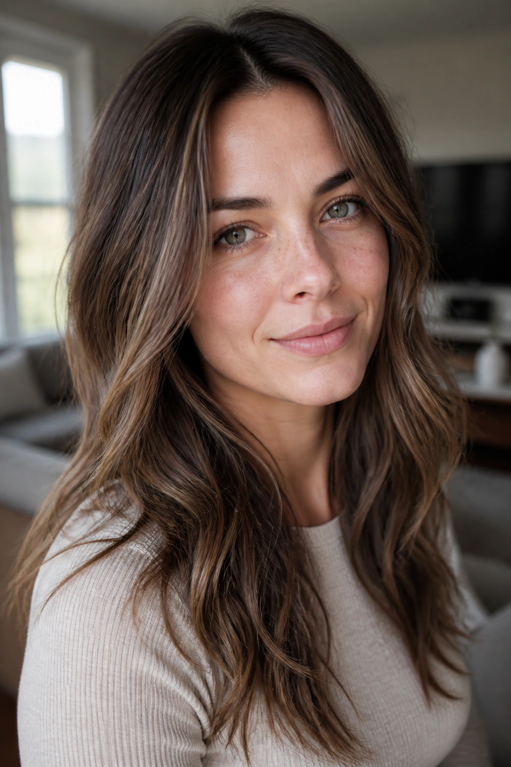 Close-up of ash brown hair with neutral chestnut highlights.