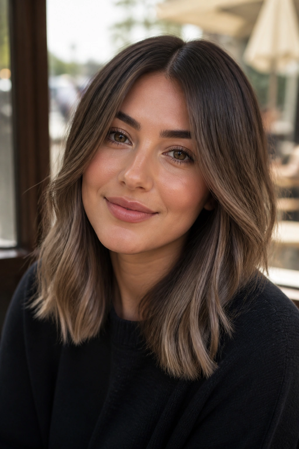 Close-up of a real woman with soft ash brown ombré showing a gradual gradient from roots to tips.