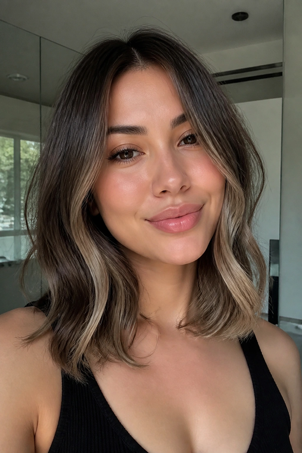 Close-up of real woman with cool ash brown ombre and jaw-length ends