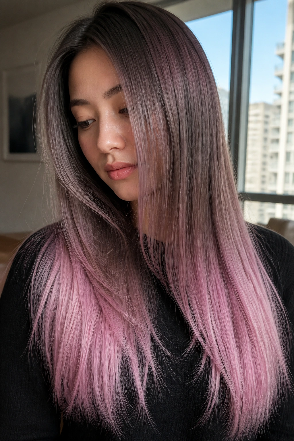 Close-up portrait of a real woman with ash brown to orchid pink fade.