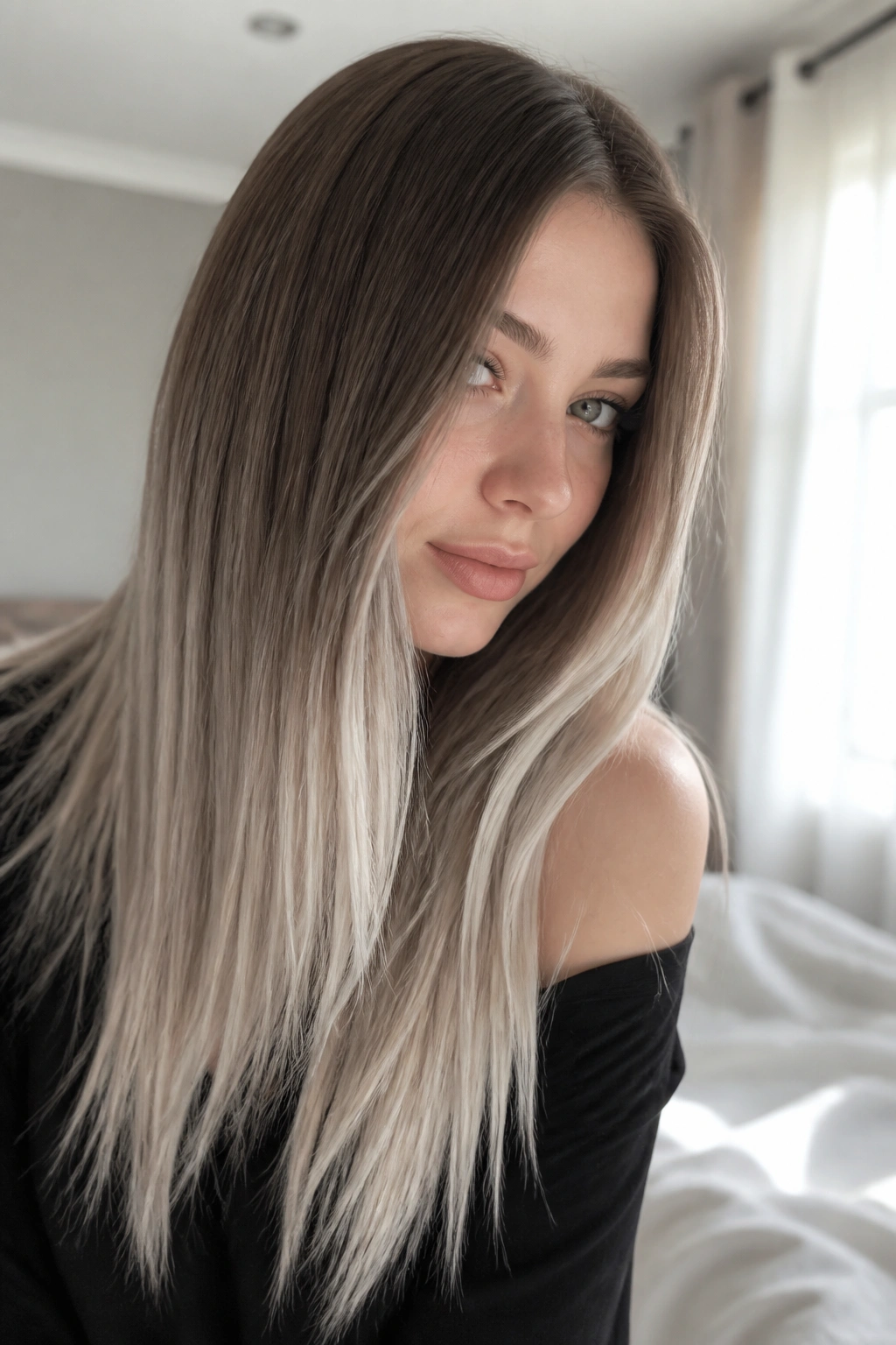 Close-up of a real woman with ash brown roots fading to pearl blonde ends in a cool-toned ombre.