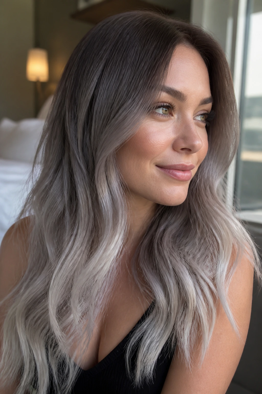 Close-up of long hair transitioning from ash brown roots to pearl gray ends on a real person