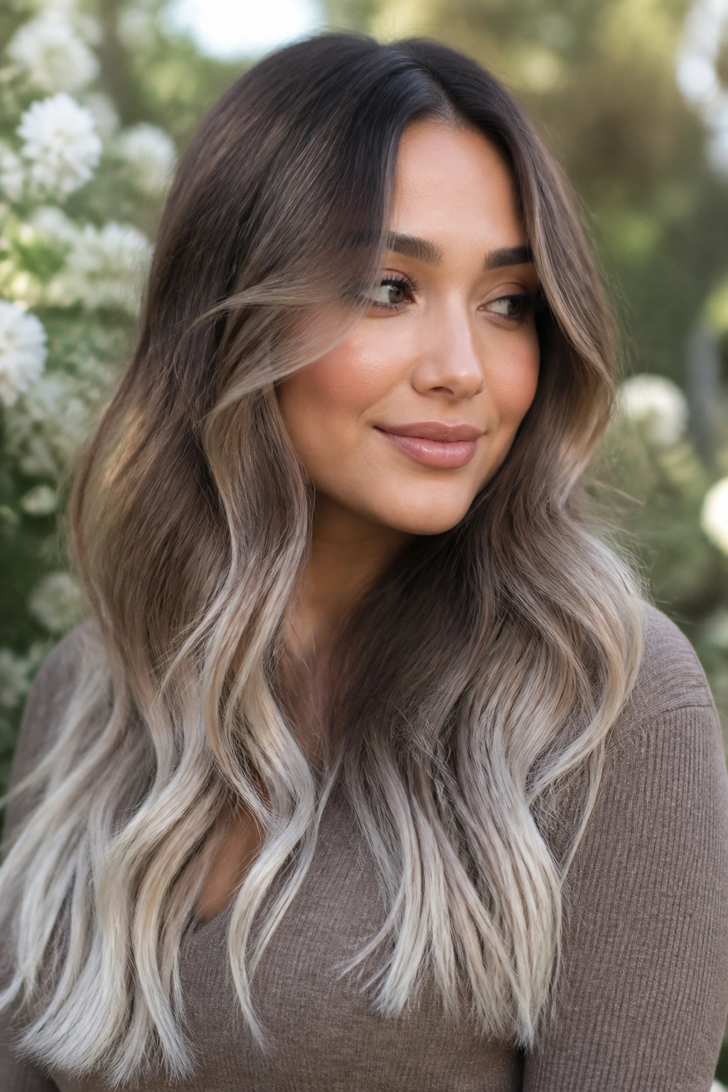 Close-up of a real woman with ash brown hair and pearl-silver tips at the ends.