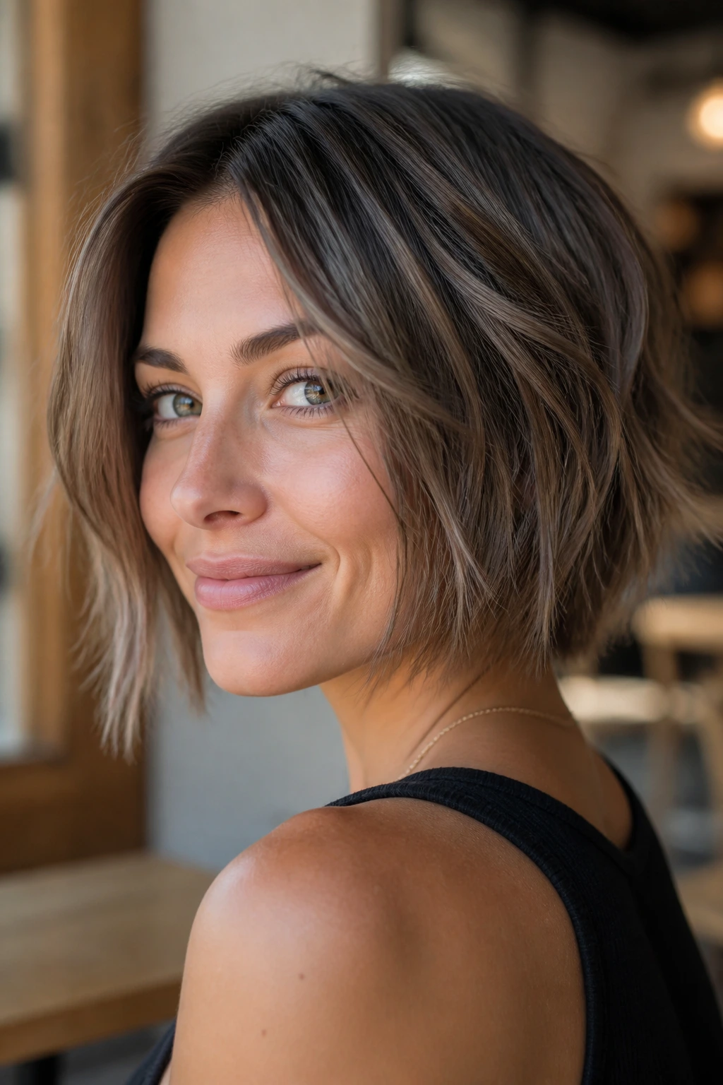 Close-up of a real woman with an ash brown piecey bob and textured ends.