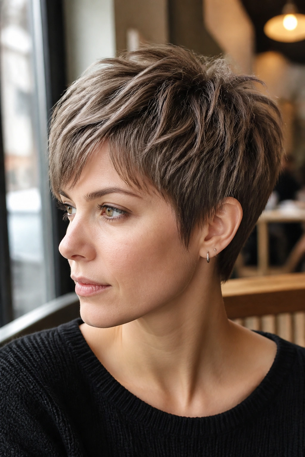 Close-up portrait of a real woman with ash brown pixie texture under cafe window light