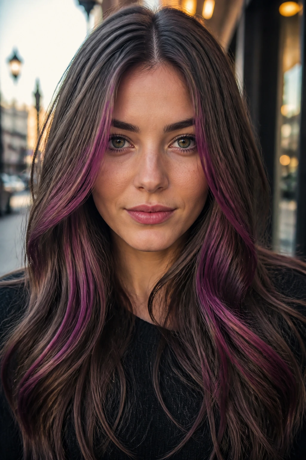 Close-up of ash brown hair with plum ribbons framing the face on a real person