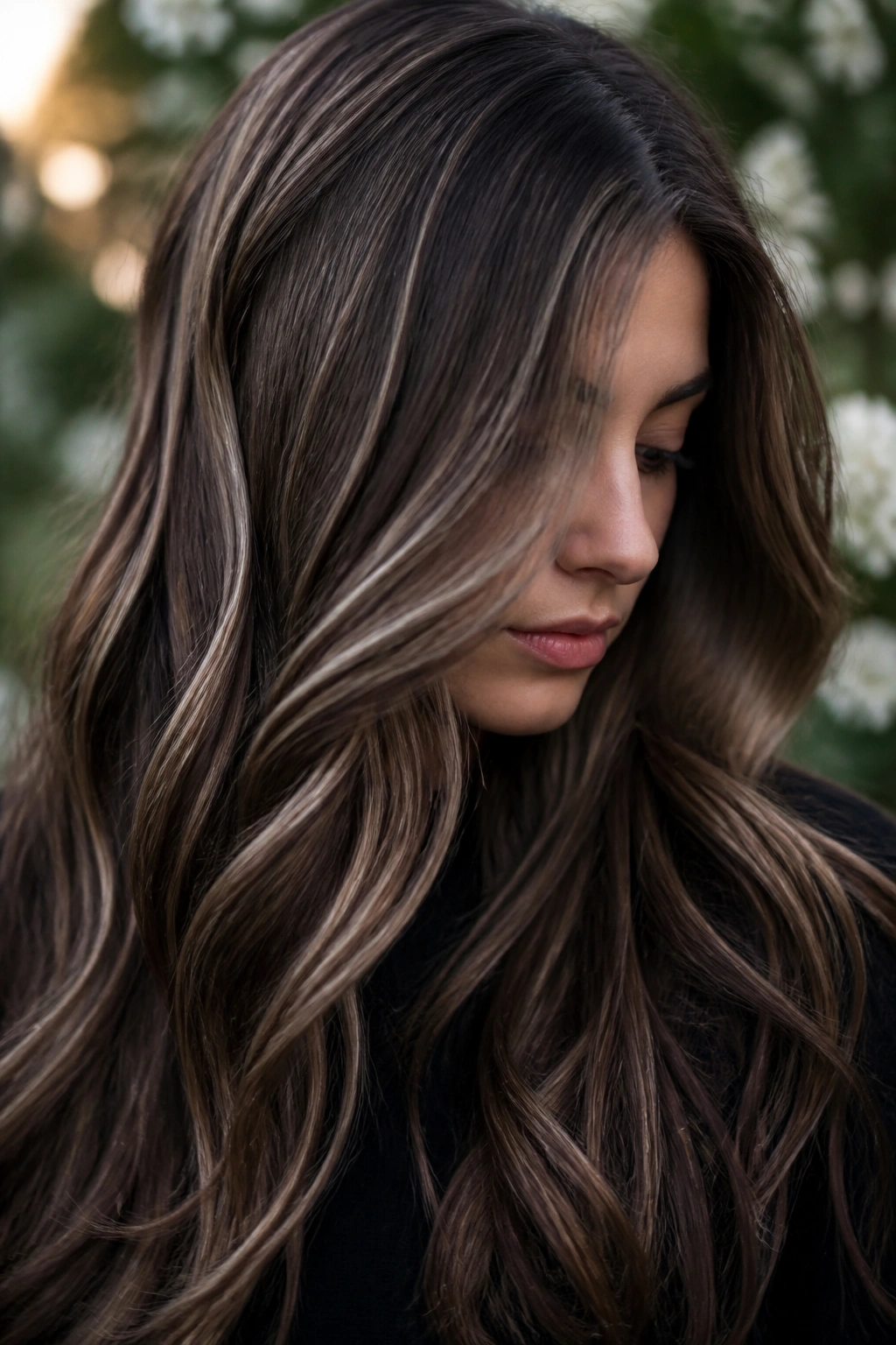 Portrait with ash brown ribbon balayage in long hair