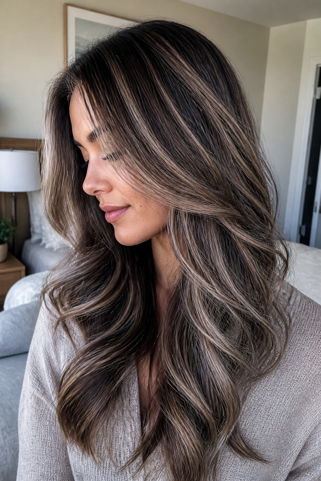 Real woman with ash brown ribbon highlights in hair, close-up