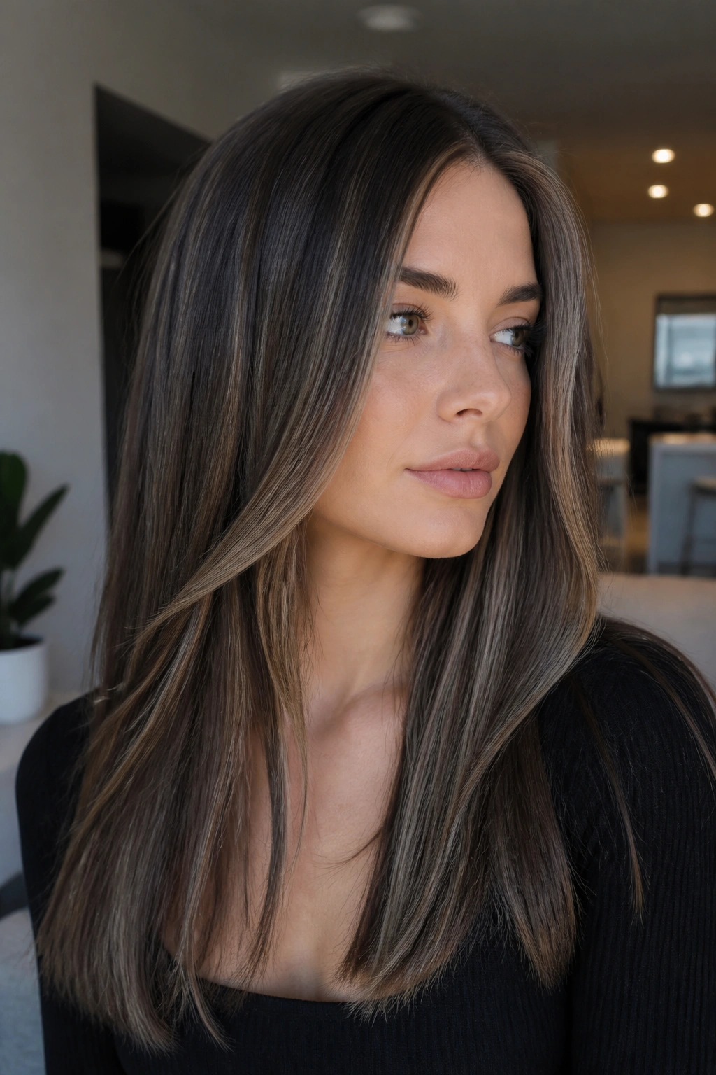 Portrait of a woman with smoky ash-brown ribbon lights in hair