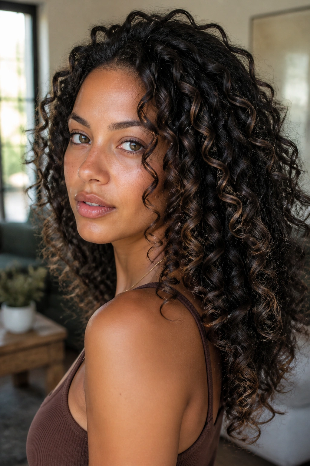 Close-up of a real person with ash brown ribbons through black curls in soft natural light