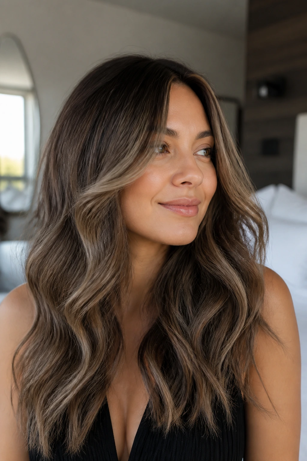 Portrait of a real woman with wavy ash brown ribbon highlights on long layered hair