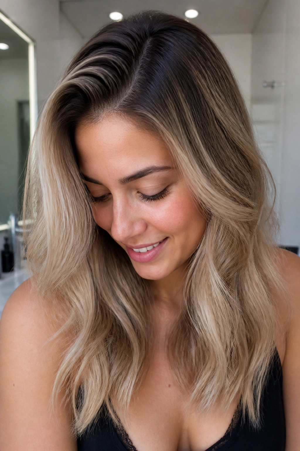 Close-up portrait of a real person with ash brown root on beige blonde hair