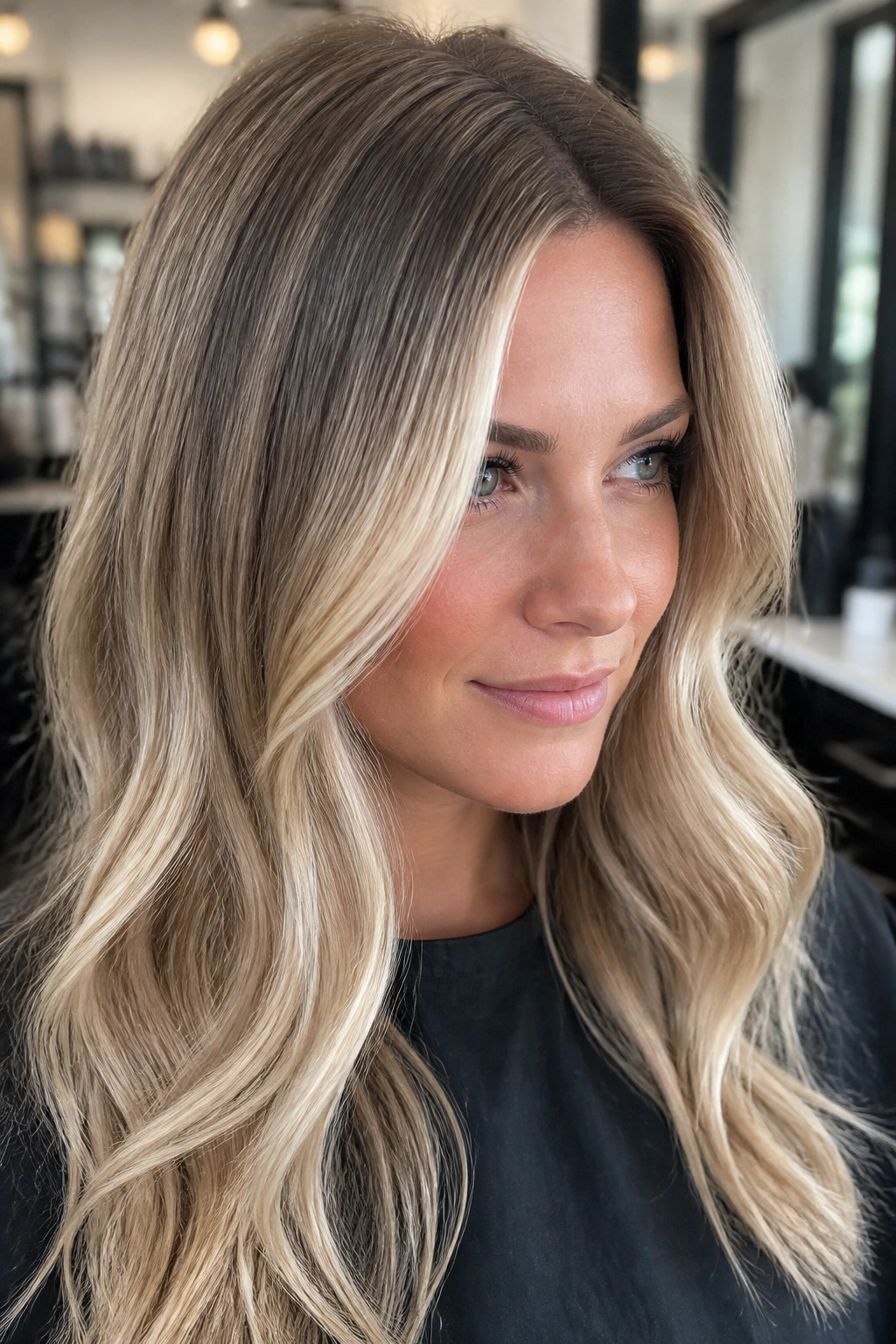 Close-up portrait of a real woman showing an ash brown root melt blending into blonde