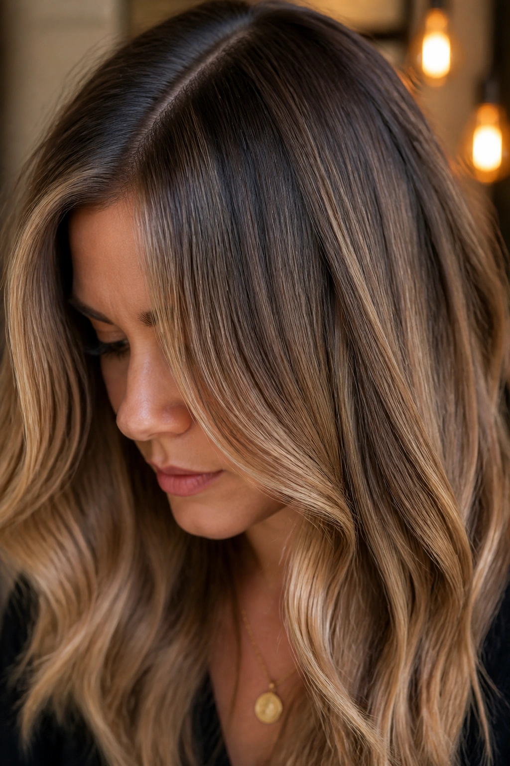 Hair with ash-brown roots and caramel midlengths, close-up portrait.