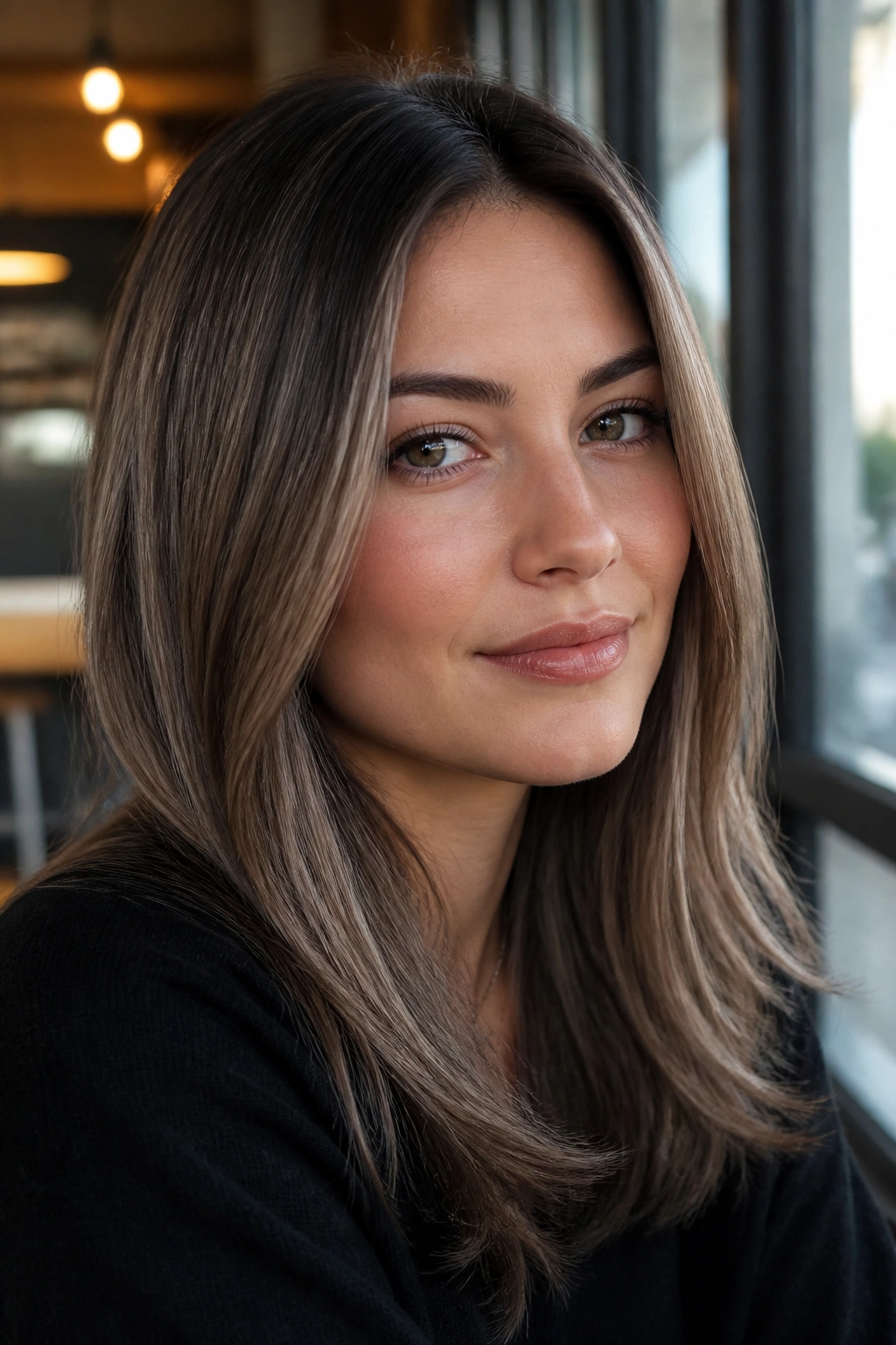 Close-up portrait of a real woman with ash brown hair and soft root shadow.