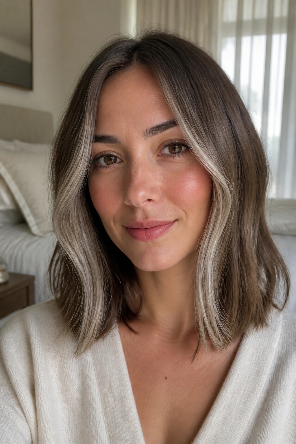 Close-up of a real woman with soft ash brown hair and silver face-framing ribbons