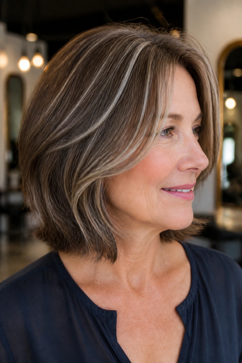 Close-up portrait of a woman with ash brown hair and silver ribbons woven through.