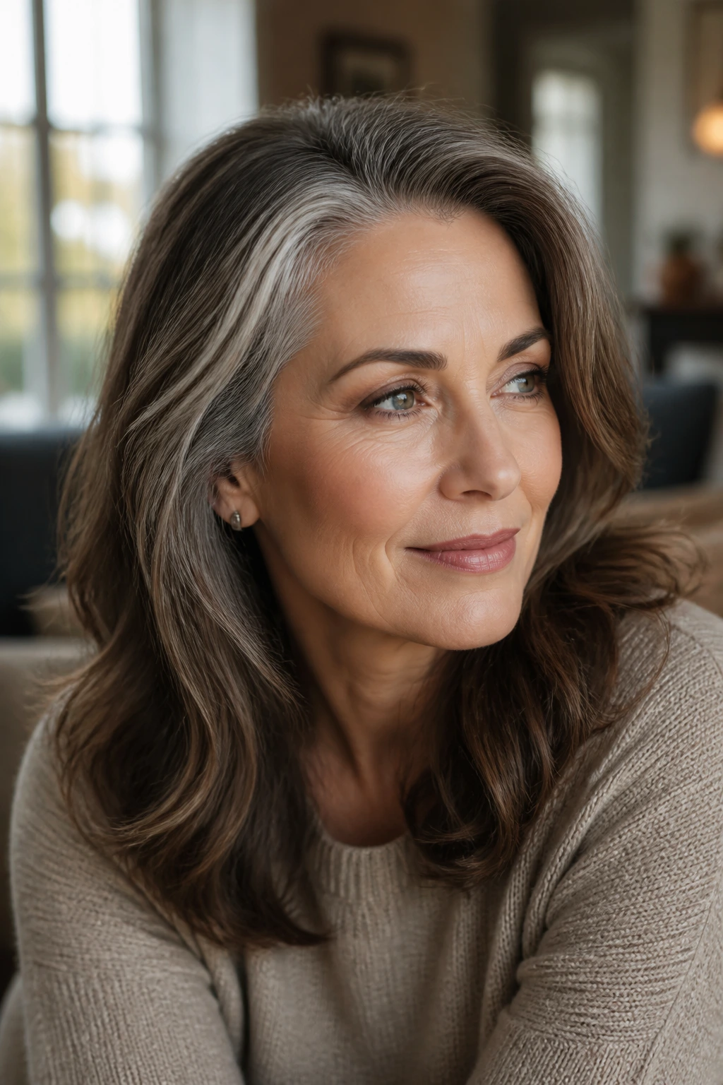 Close-up portrait of a real person with ash brown hair and silver temples