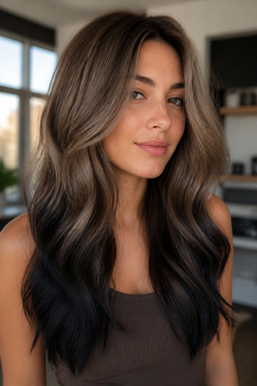 Ash brown hair with smoke-tipped black ends framing a real person