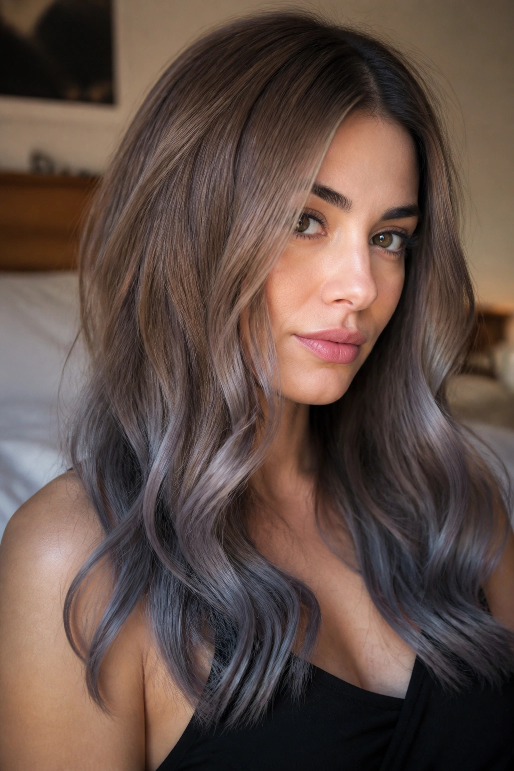 Ash brown hair with smoky grey ends framing the face