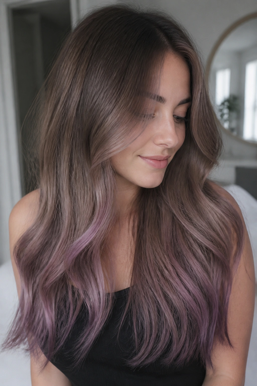 Close-up of ash brown to smoky orchid ombre on a real woman