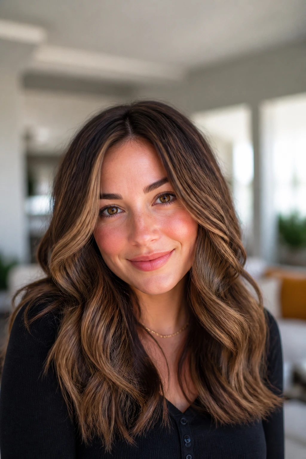 Portrait of a woman with ash brown base and toasted caramel highlights
