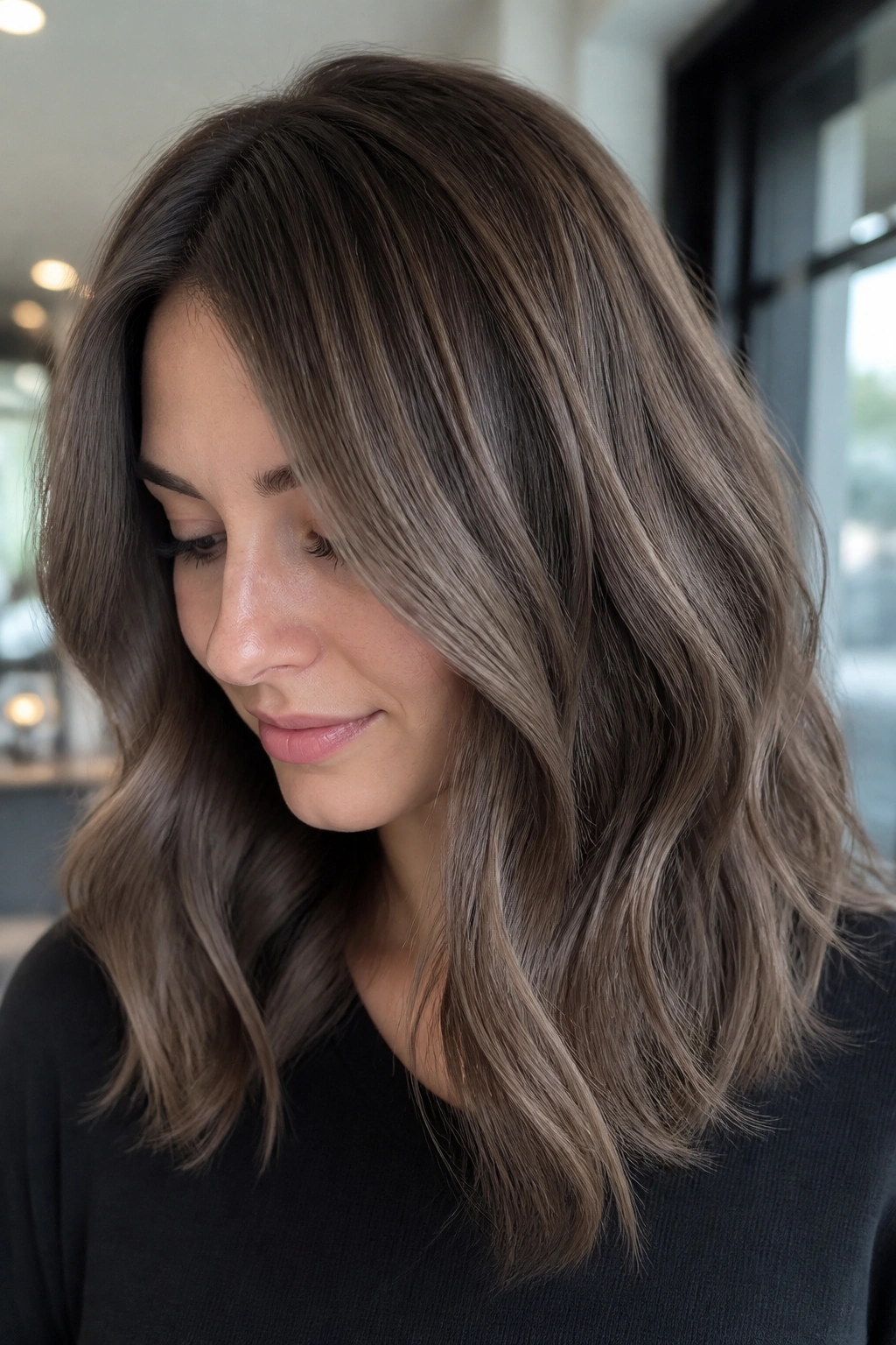Close-up of a real woman with ash brunette hair in a cool, smoky finish