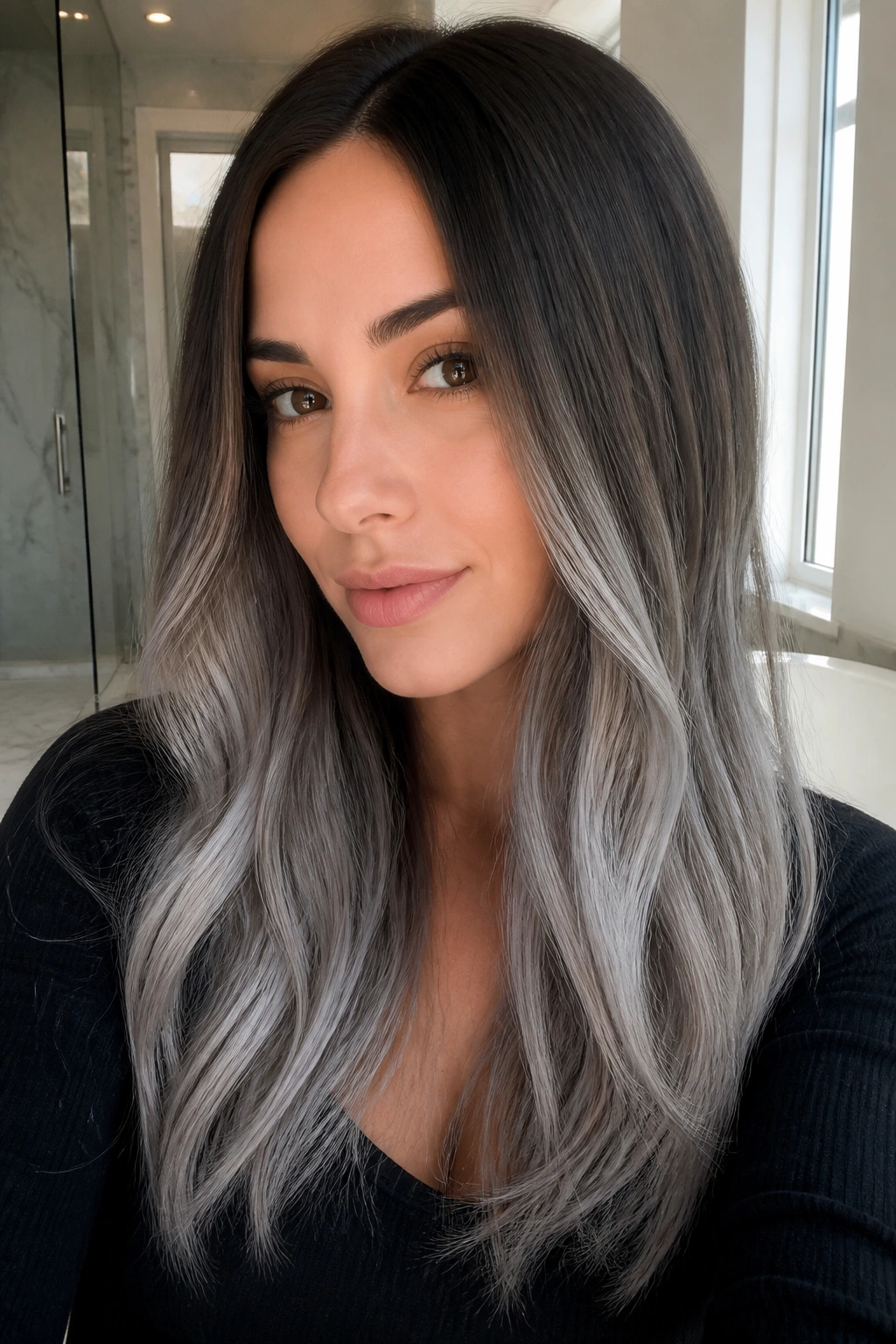 Long hair with frosted mid-length band ash silver on brunette