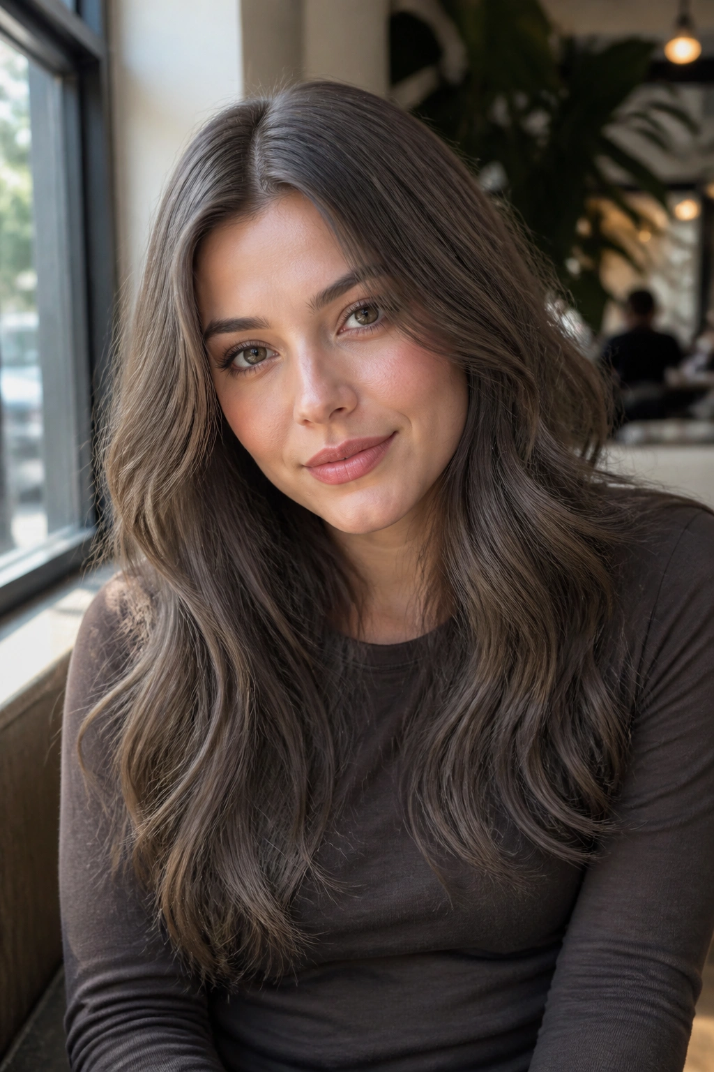 Close-up portrait of a real woman with smoky mushroom ash brunette hair by a sunlit cafe window