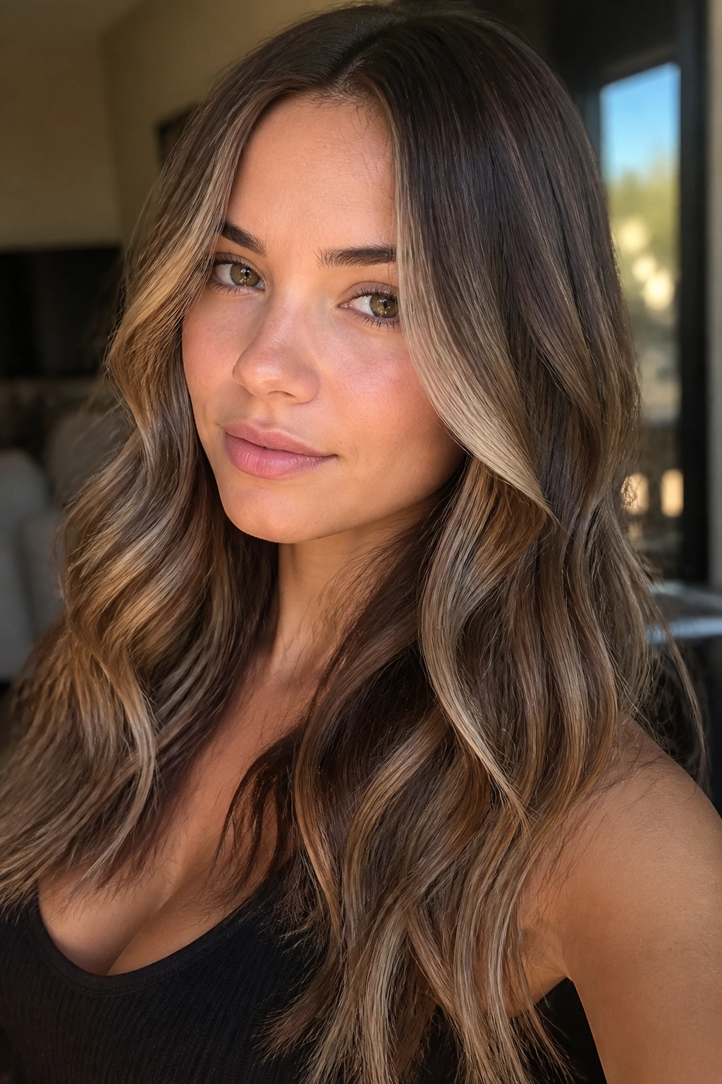Close-up portrait of a woman with ash caramel balayage on cool skin tone