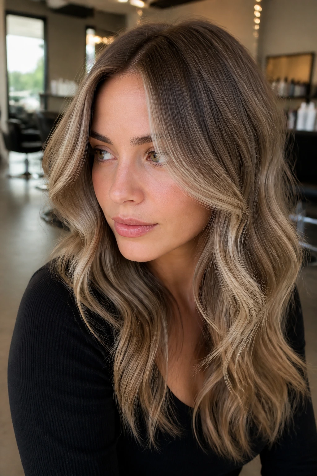 Close-up portrait of a woman with smoky ash caramel balayage in a salon.