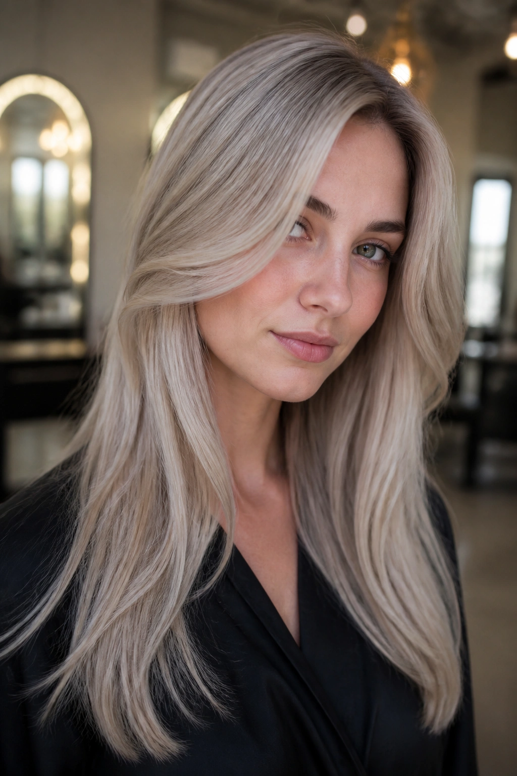 Real woman with ash champagne blonde in a softly lit salon setting.