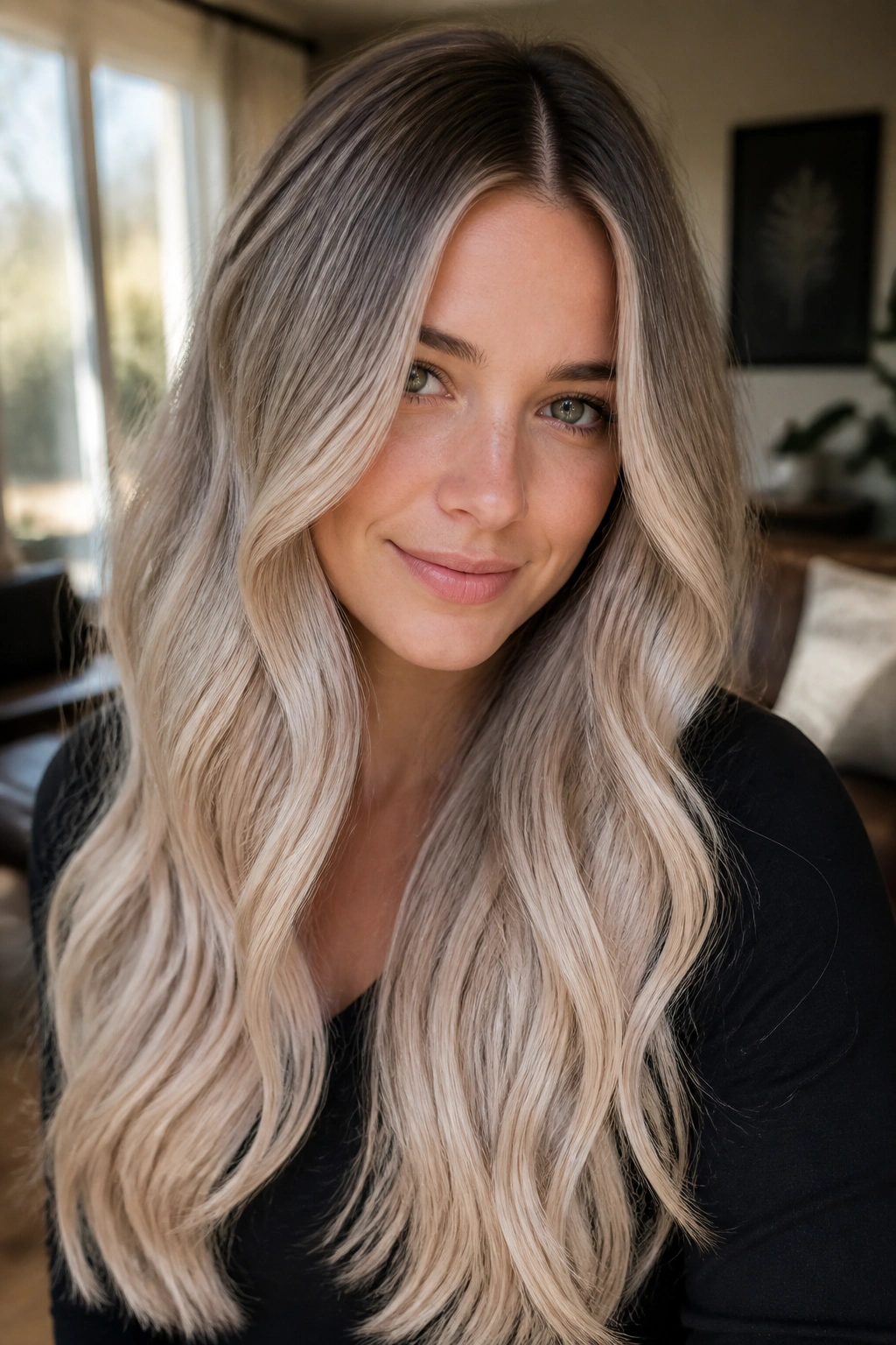 Close-up of long blonde hair with ash champagne ombre and soft waves.