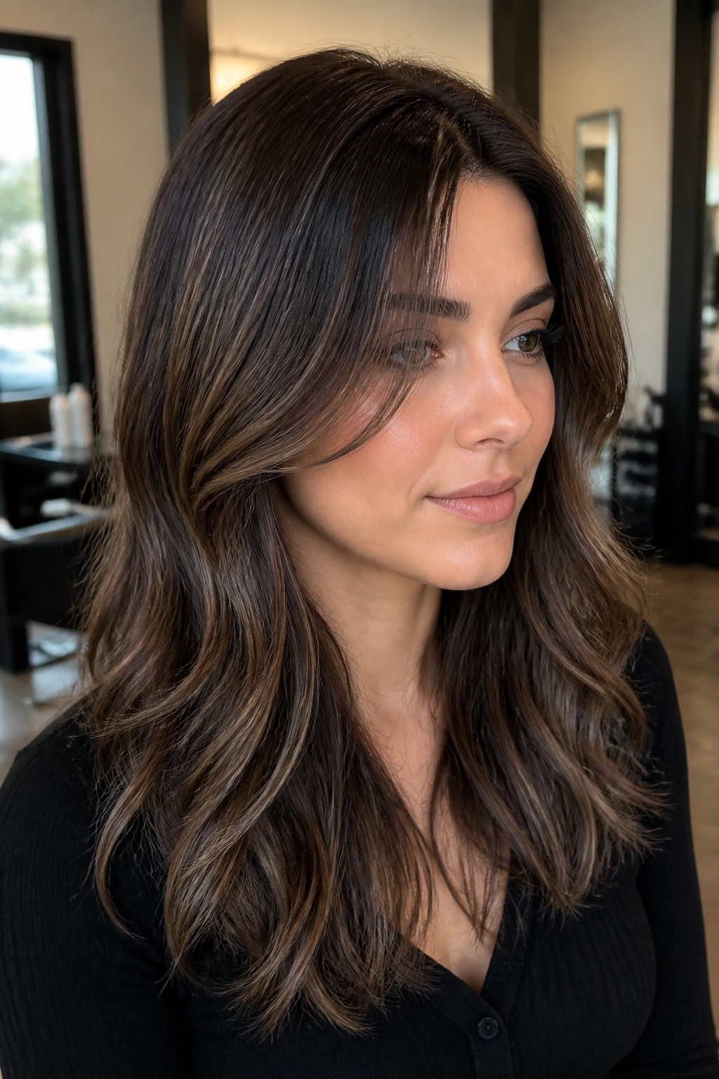 Close-up of a person with ash chestnut balayage and fine face-framing pieces