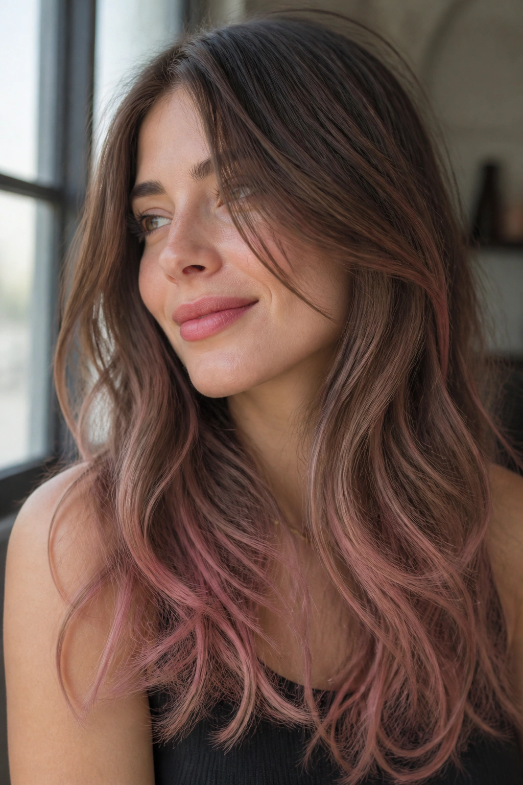 Ash chestnut with blush ends hair on cool-toned skin with watercolor pink at tips.