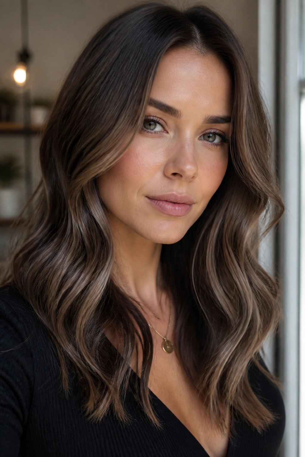 Real woman with ash chestnut hair and soft contouring in natural light