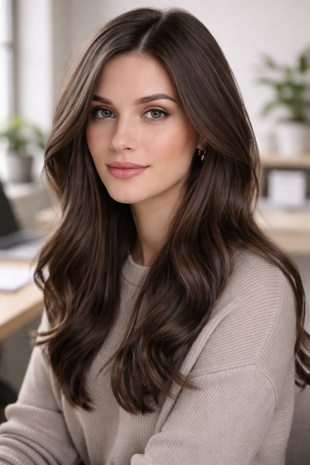 Close-up portrait of a real person with ash-toned cool chestnut hair in natural daylight.