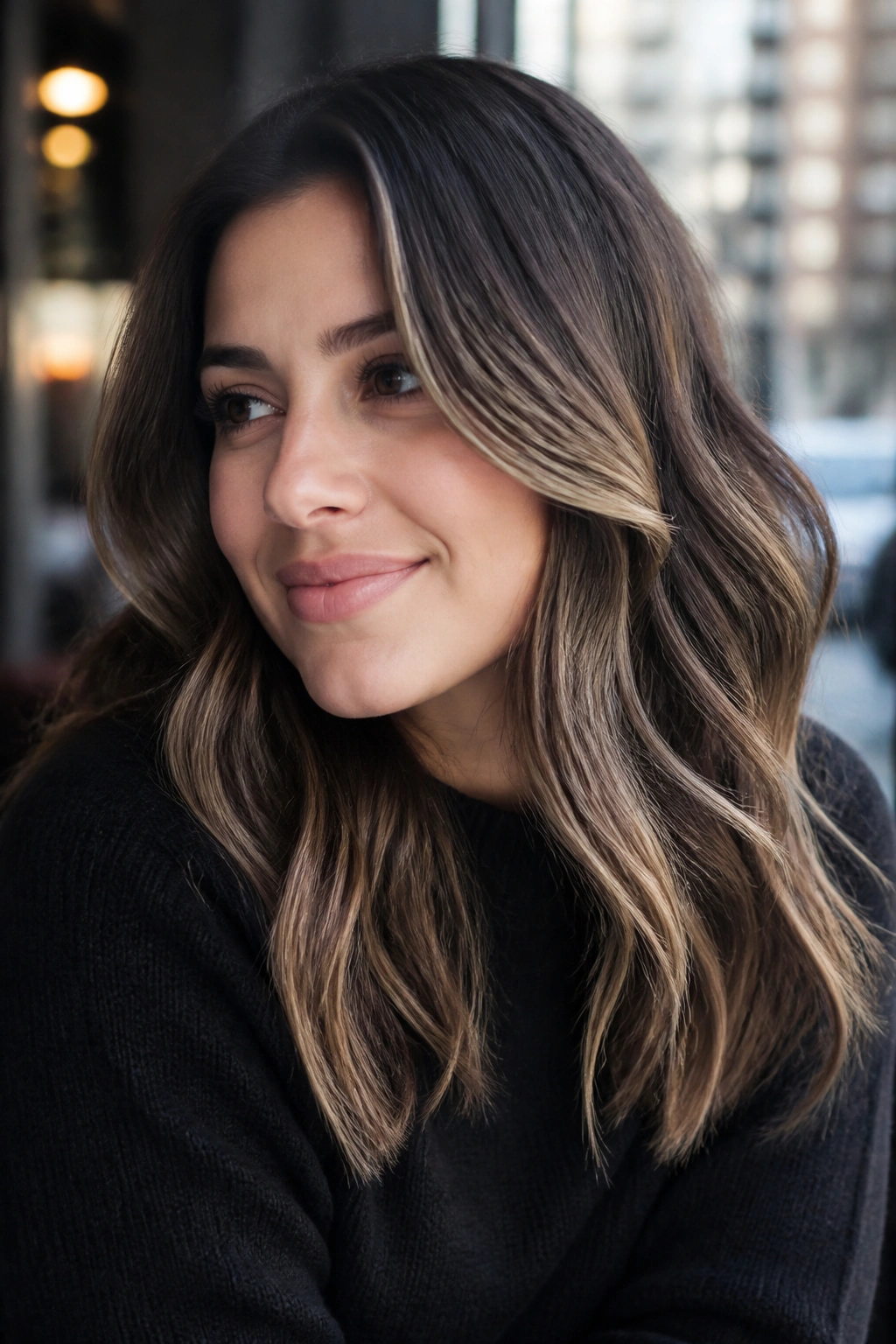 Close-up of a real woman's ash chocolate hair with ribbon caramel balayage