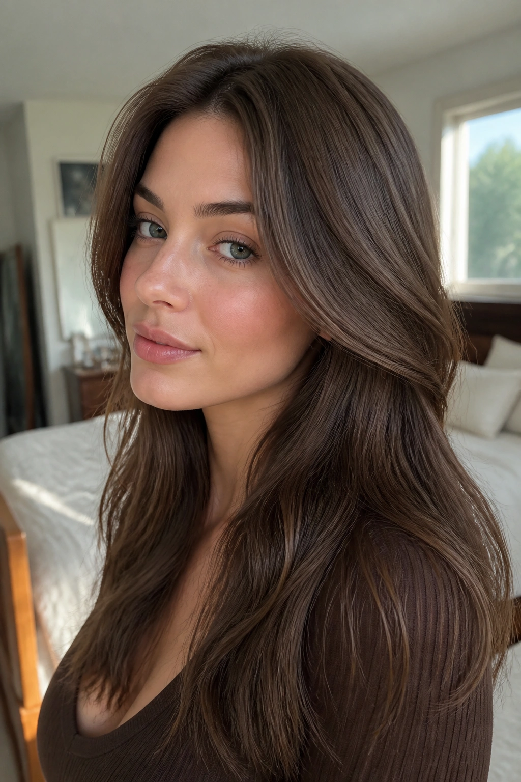 Close-up portrait of a real person with ash chocolate brown hair against cool skin tones.