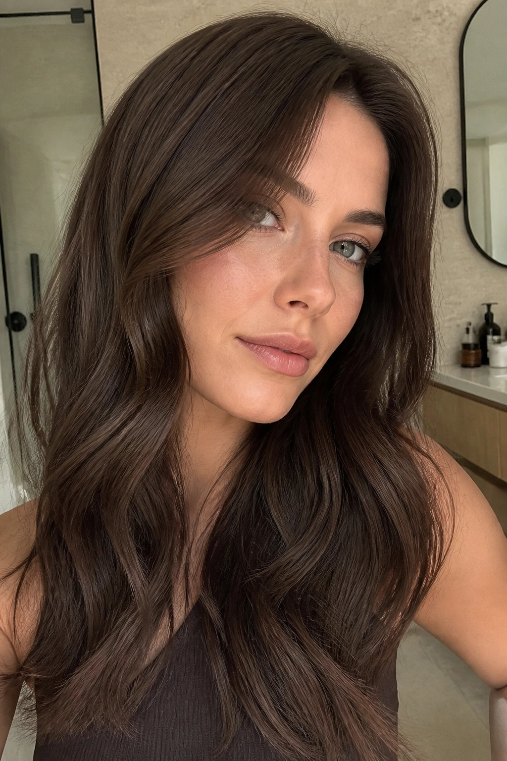 Portrait of a woman with ash chocolate brown hair in natural light