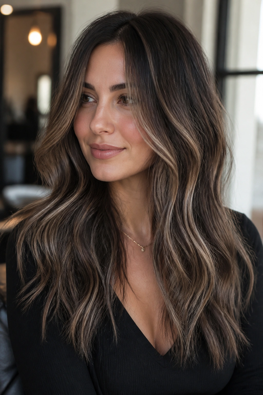 Close-up portrait of a real woman with ash chocolate caramel hair for cool skin tones