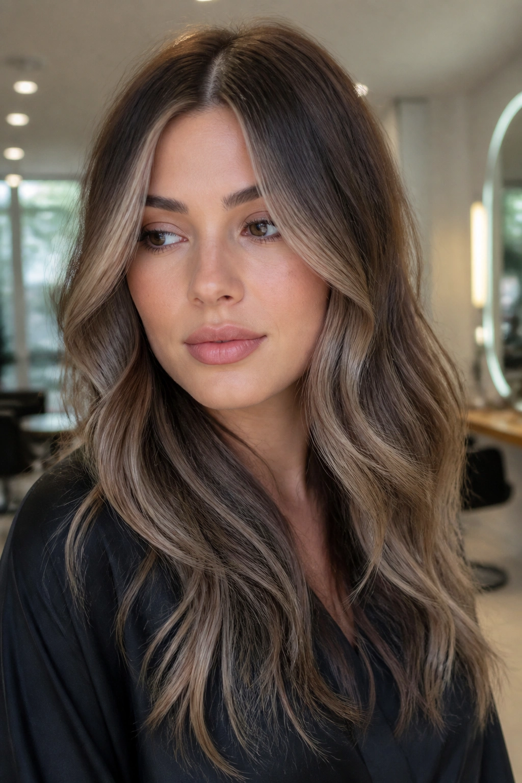 Portrait of a brunette with ash chocolate caramel hair color on cool skin with beige caramel ribbons.