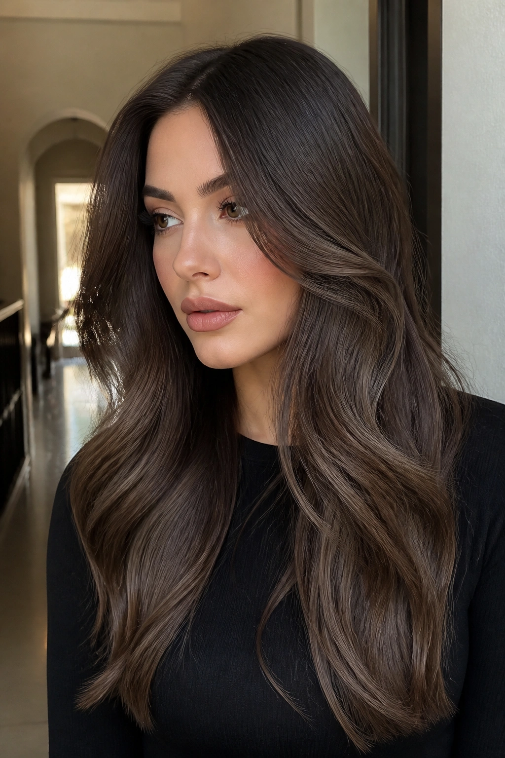 Close-up of a real woman with ash chocolate melt hair